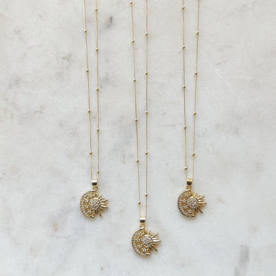 Sun & Moon Pavé Necklace • 24k Gold Filled