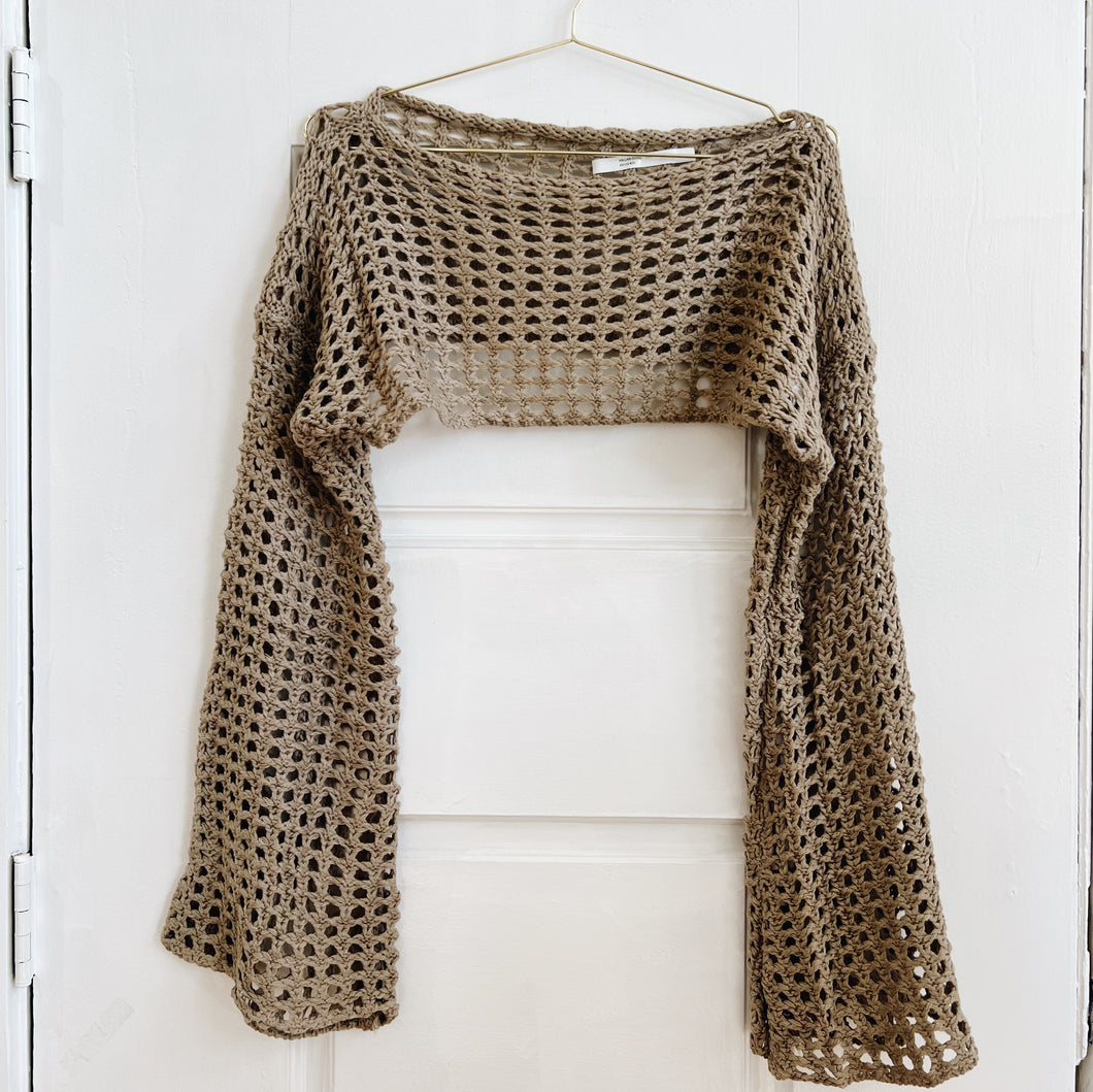 Crochet Crop Tan Sweater | Size XL